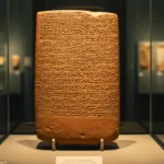 Tablette d’argile cunéiforme attribuée à Enheduanna, première autrice connue de l’humanité, exposée dans un musée