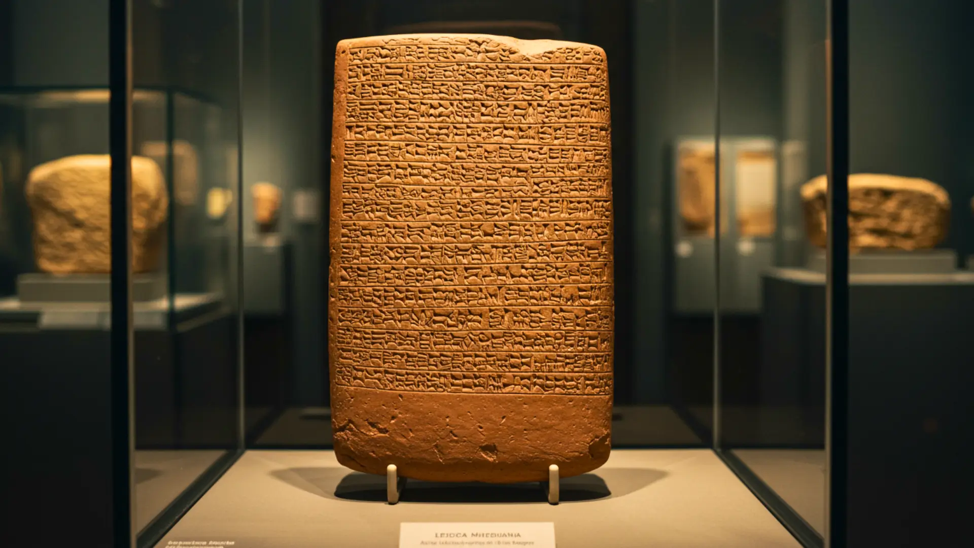 Tablette d’argile cunéiforme attribuée à Enheduanna, première autrice connue de l’humanité, exposée dans un musée