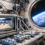 Laboratoire scientifique à bord d’une station spatiale avec des échantillons biologiques en microgravité face à la Terre vue depuis l’espace