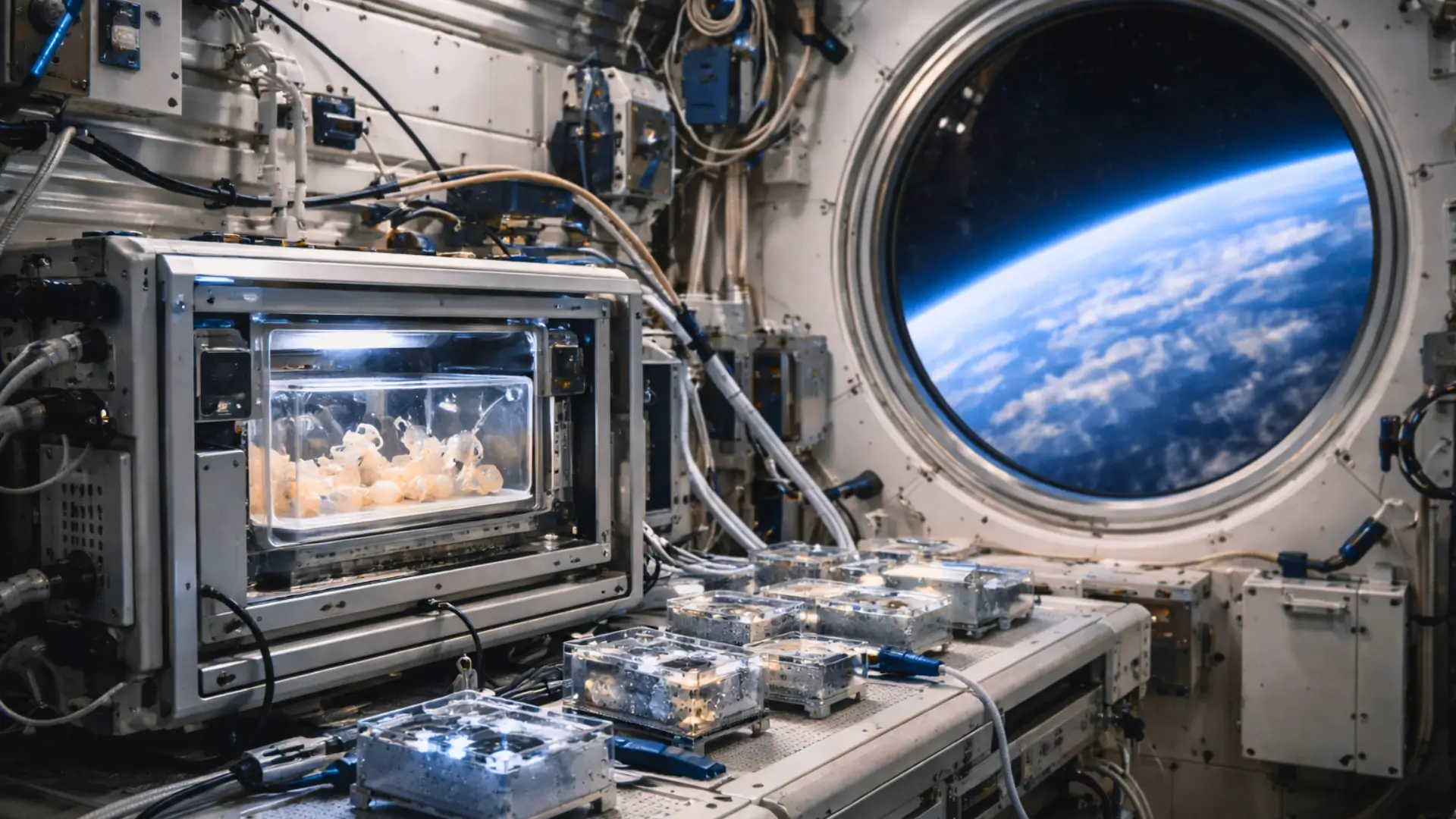 Laboratoire scientifique à bord d’une station spatiale avec des échantillons biologiques en microgravité face à la Terre vue depuis l’espace