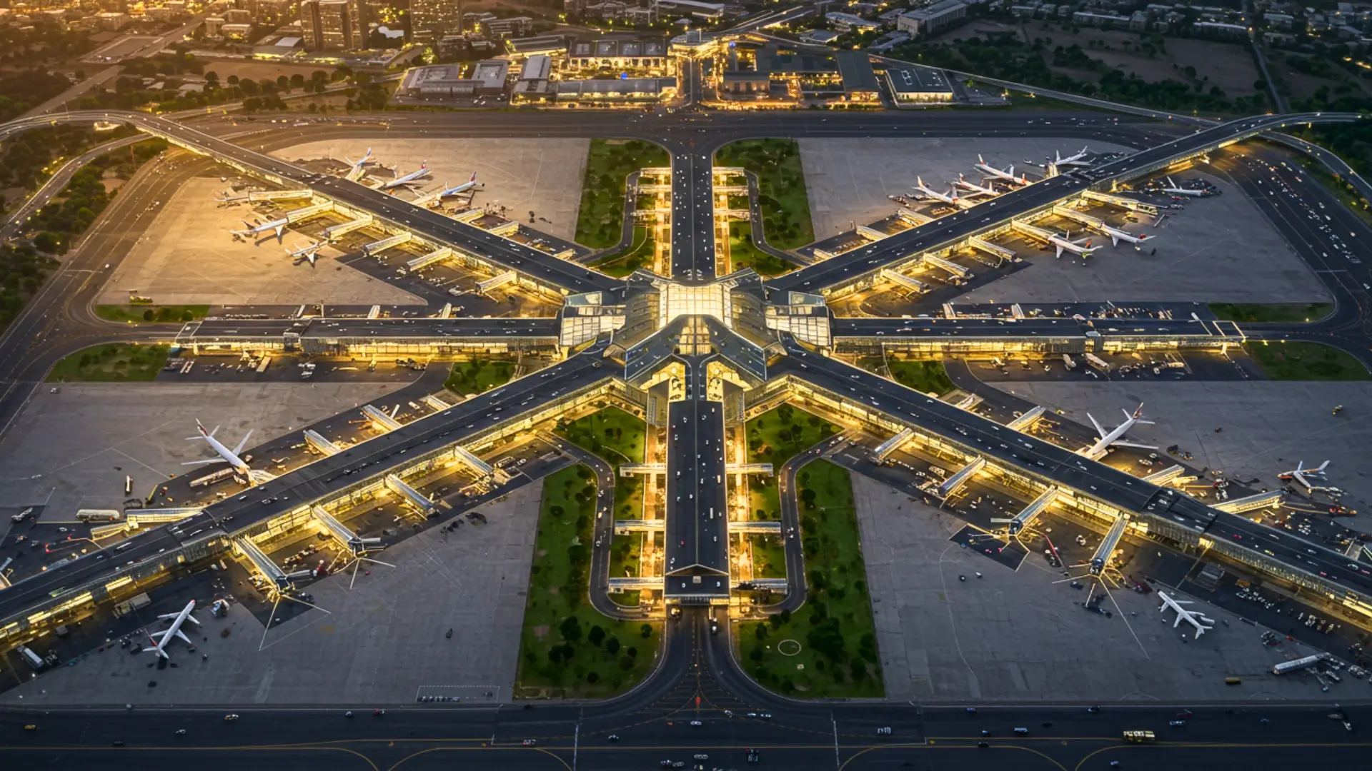 Vue aérienne nocturne d’un aéroport international futuriste en Éthiopie, avec terminaux en étoile, avions stationnés et infrastructures éclairées, symbole d’un futur méga-hub africain.