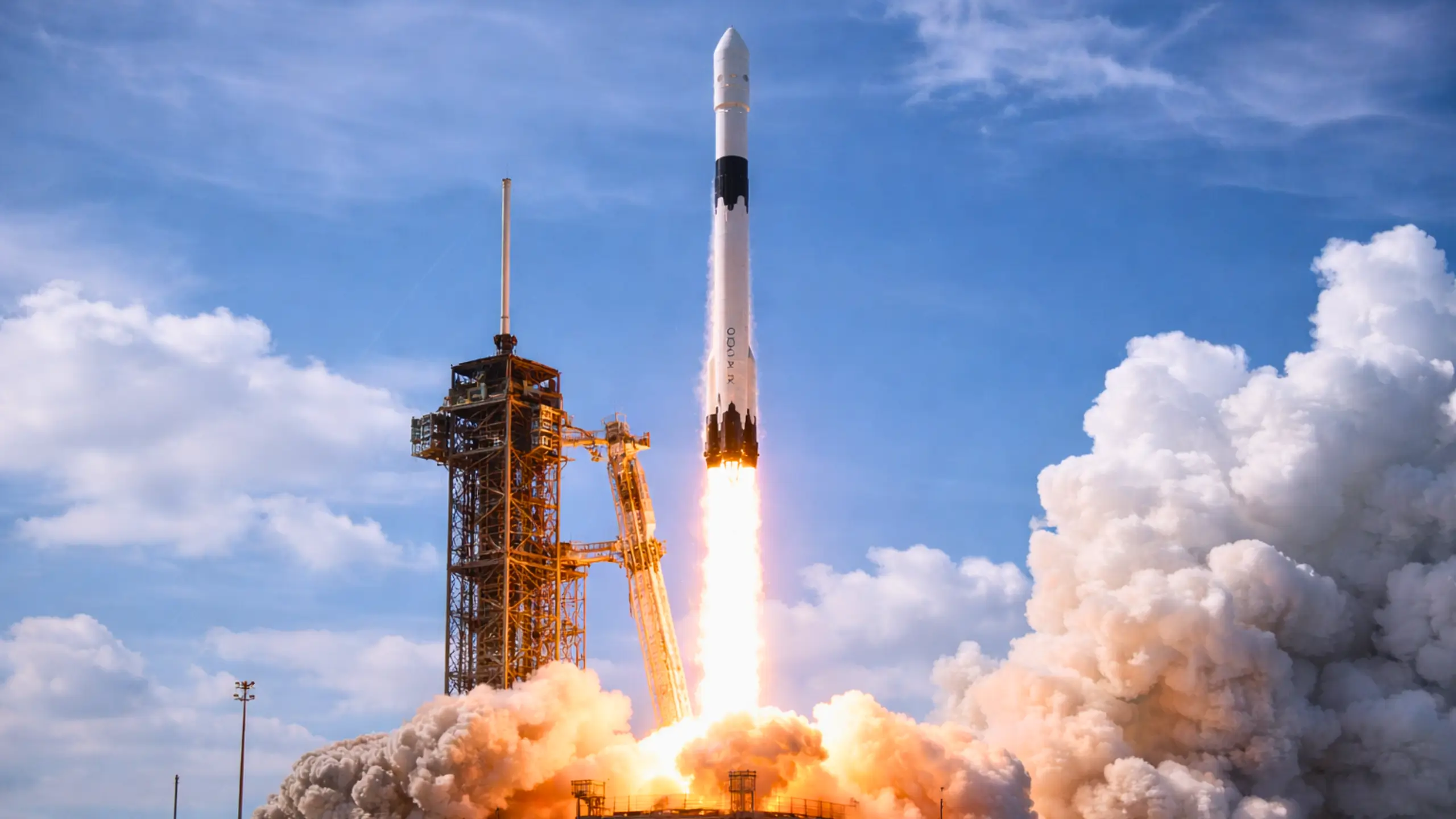 Une fusée décolle depuis son pas de tir, propulsée par une intense flamme et un nuage de fumée, sous un ciel bleu dégagé.