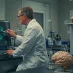 Chercheur en neurosciences analysant l’activité des neurones sur écran en laboratoire, illustrant le mécanisme du vieillissement cérébral.