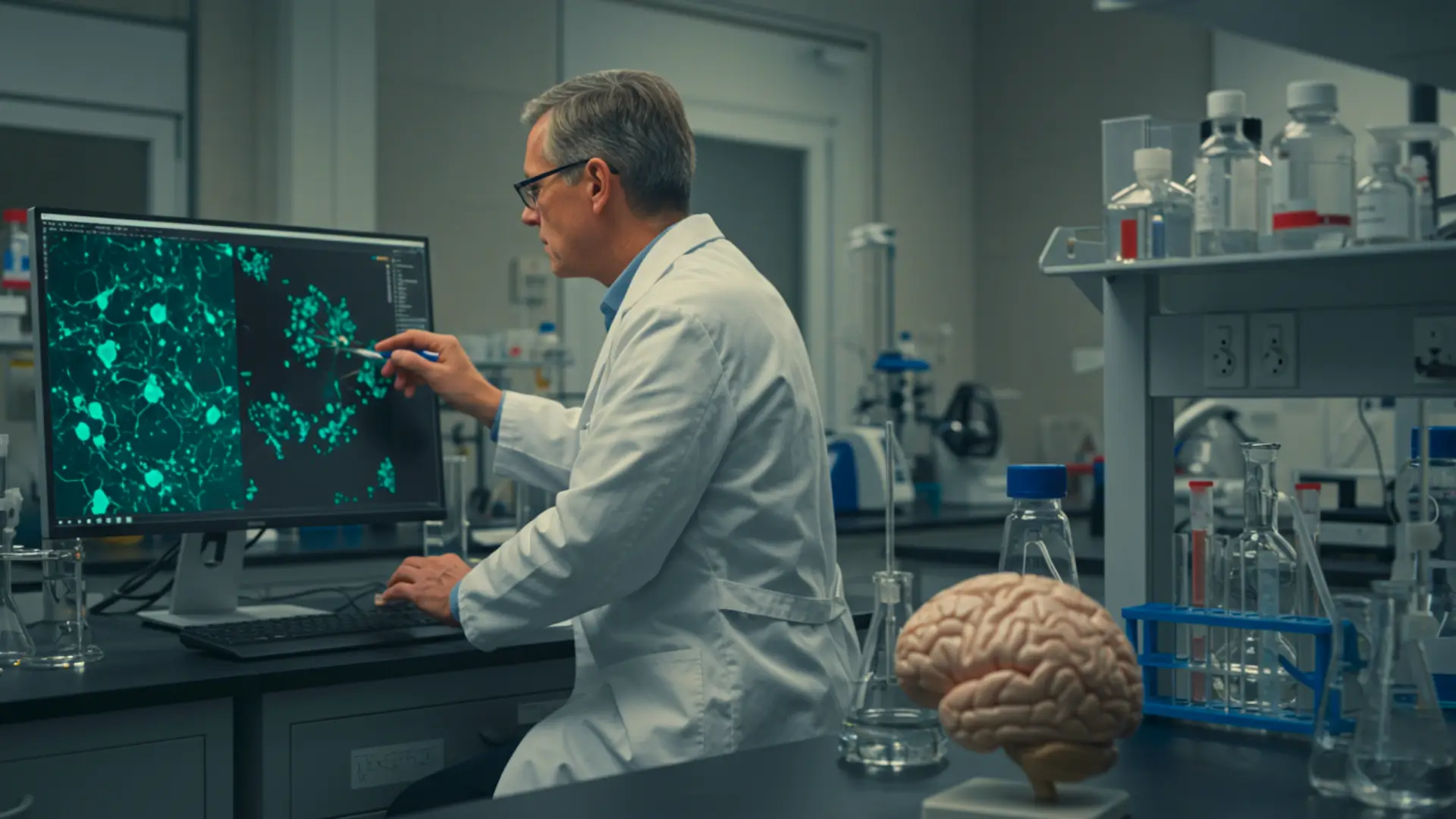 Chercheur en neurosciences analysant l’activité des neurones sur écran en laboratoire, illustrant le mécanisme du vieillissement cérébral.