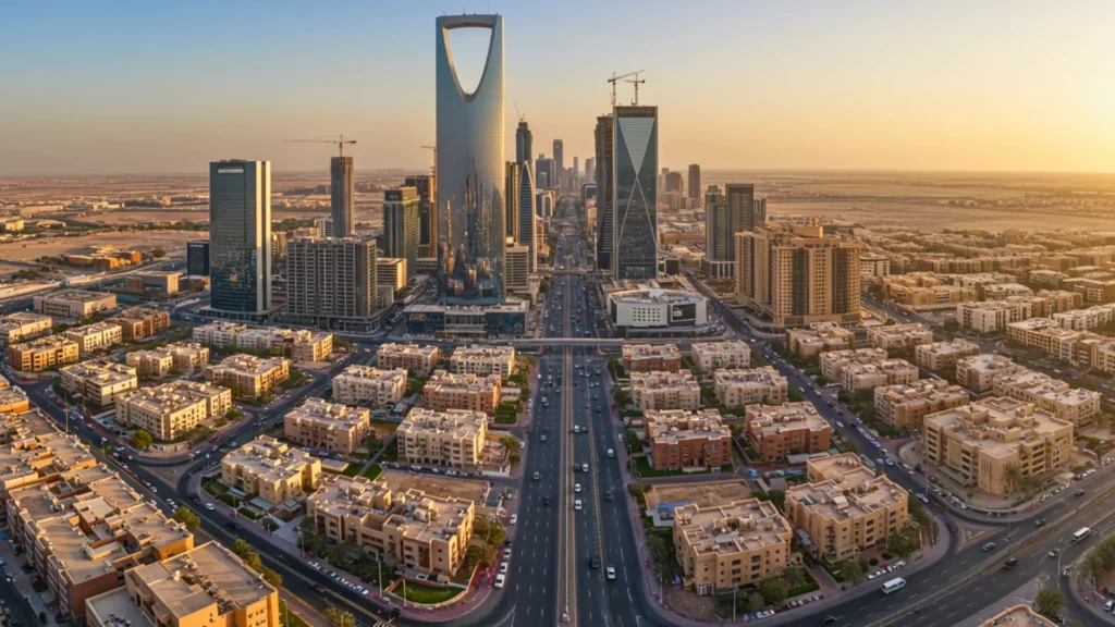 Vue aérienne de Riyad montrant ses gratte-ciel modernes et ses quartiers résidentiels, symbole des mégaprojets saoudiens face aux tensions économiques.