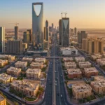 Vue aérienne de Riyad montrant ses gratte-ciel modernes et ses quartiers résidentiels, symbole des mégaprojets saoudiens face aux tensions économiques.