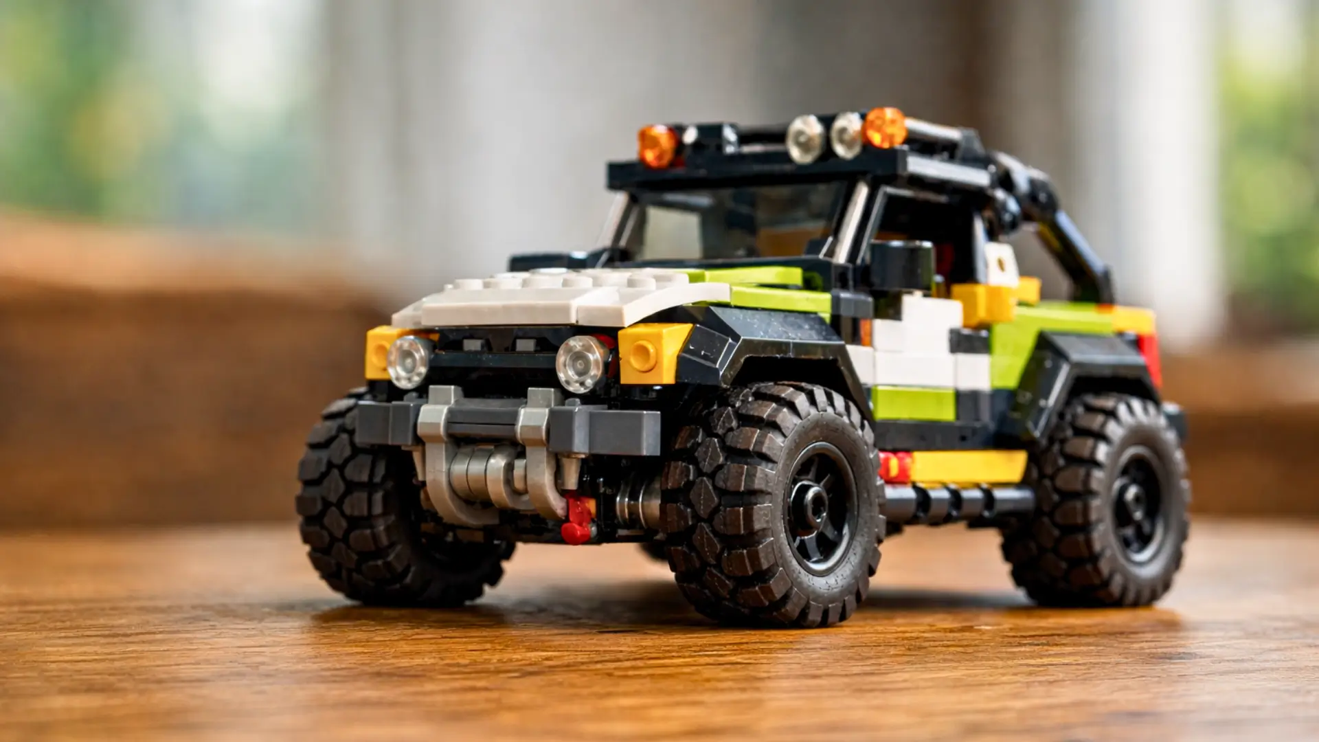 Véhicule tout-terrain LEGO équipé de pneus noirs crantés, photographié sur une table en bois avec une image nette et détaillée.