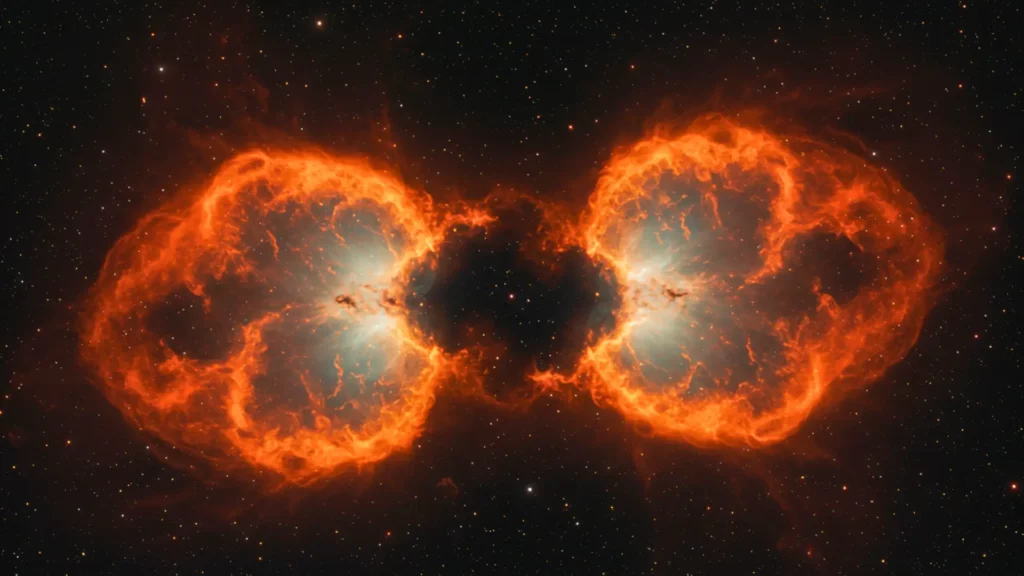 Image infrarouge de la nébuleuse PMR 1 montrant deux lobes de gaz incandescents évoquant un cerveau dans l’espace.