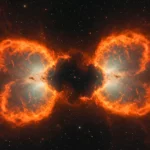 Image infrarouge de la nébuleuse PMR 1 montrant deux lobes de gaz incandescents évoquant un cerveau dans l’espace.