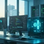 Poste de travail d’ingénieur avec écrans affichant du code et des données, illustrant l’automatisation du développement logiciel par l’intelligence artificielle
