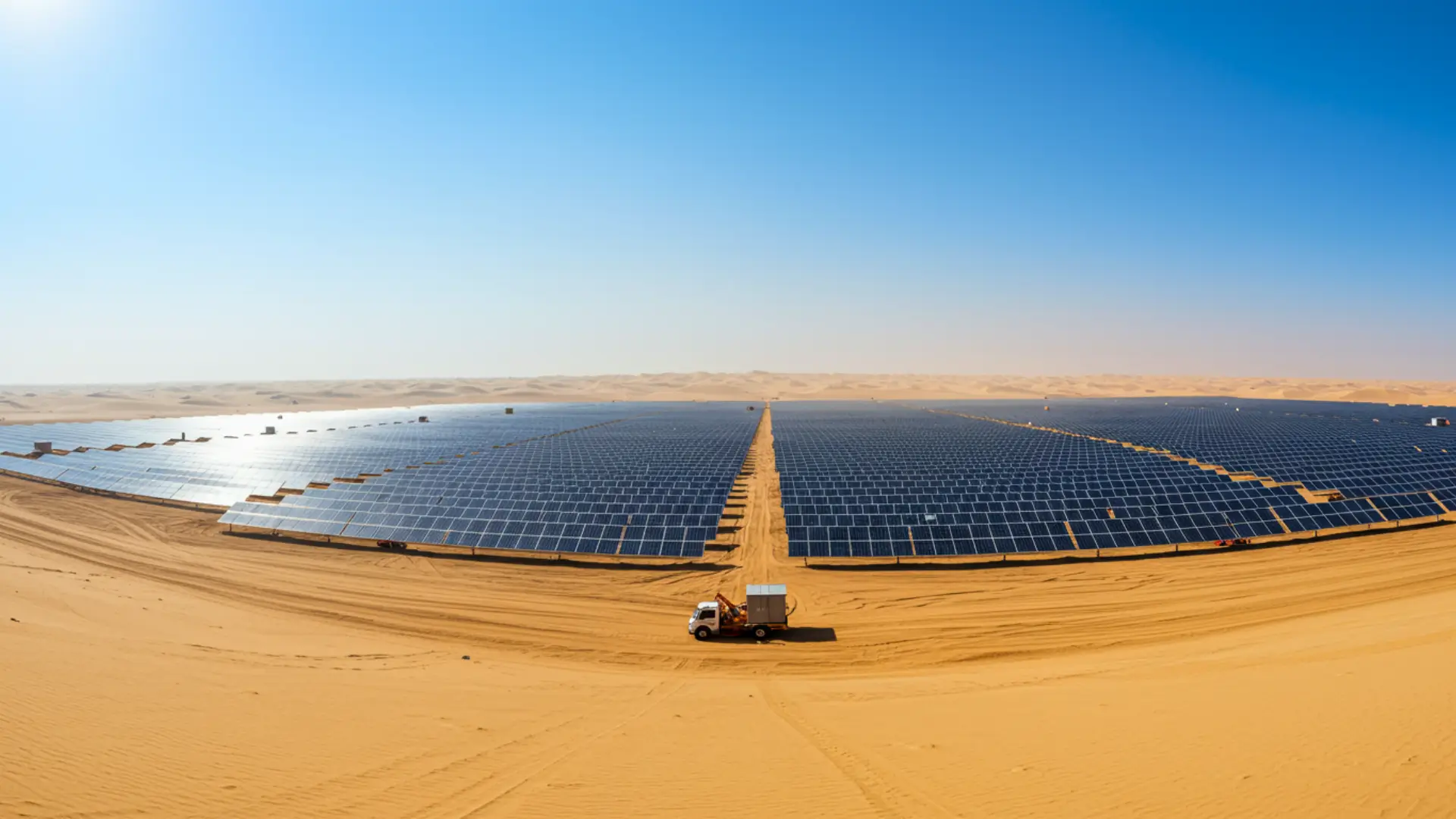 Immense centrale solaire photovoltaïque installée dans un désert aride, illustrant les enjeux climatiques et environnementaux de l’énergie solaire à grande échelle