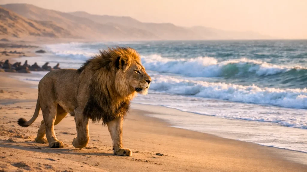 Un lion du désert marche sur une plage de la Côte des Squelettes en Namibie, face aux vagues de l’océan Atlantique au coucher du soleil.