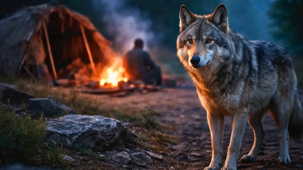 Un loup sauvage observe calmement un campement humain préhistorique éclairé par un feu au crépuscule.