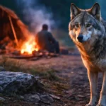 Un loup sauvage observe calmement un campement humain préhistorique éclairé par un feu au crépuscule.