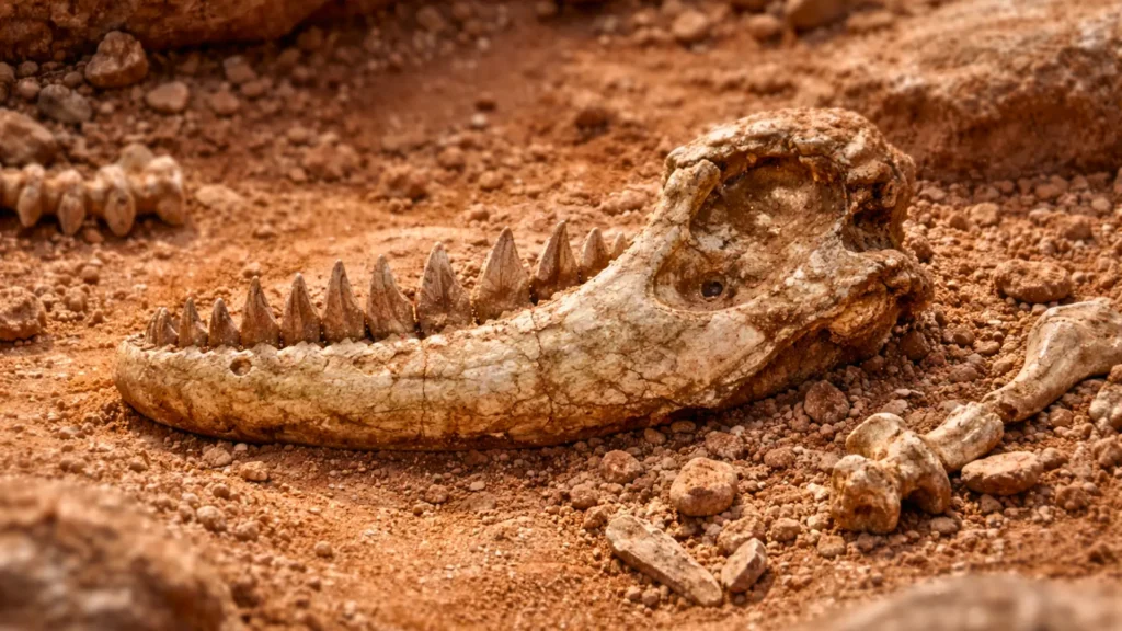 Gros plan d’une mâchoire fossilisée de 15 cm partiellement enfouie dans un sol rouge du Trias, entourée de fragments d’os.
