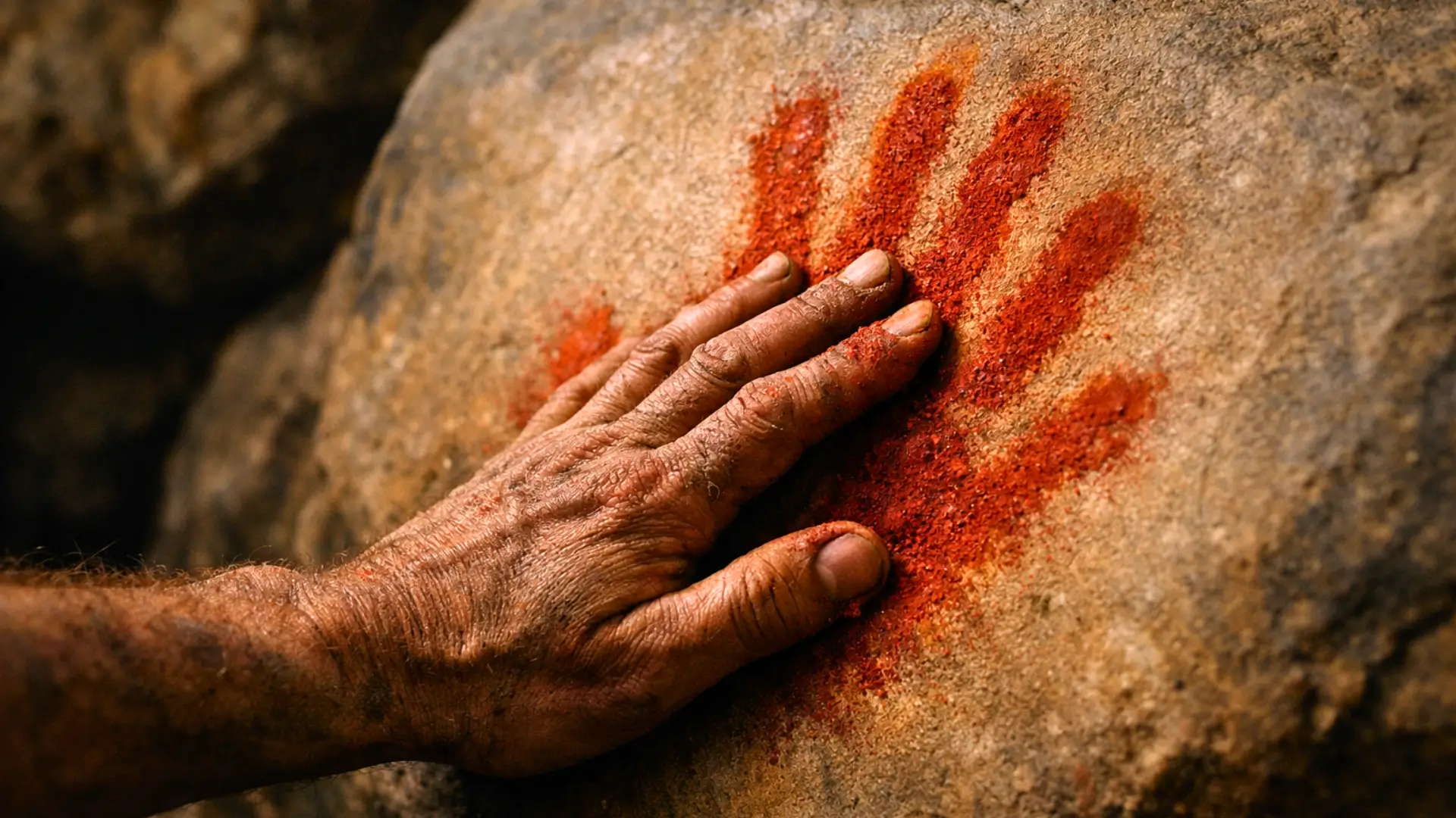 Une main humaine recouverte d’ocre rouge presse la roche d’une grotte préhistorique pour laisser une empreinte vive sur la pierre.