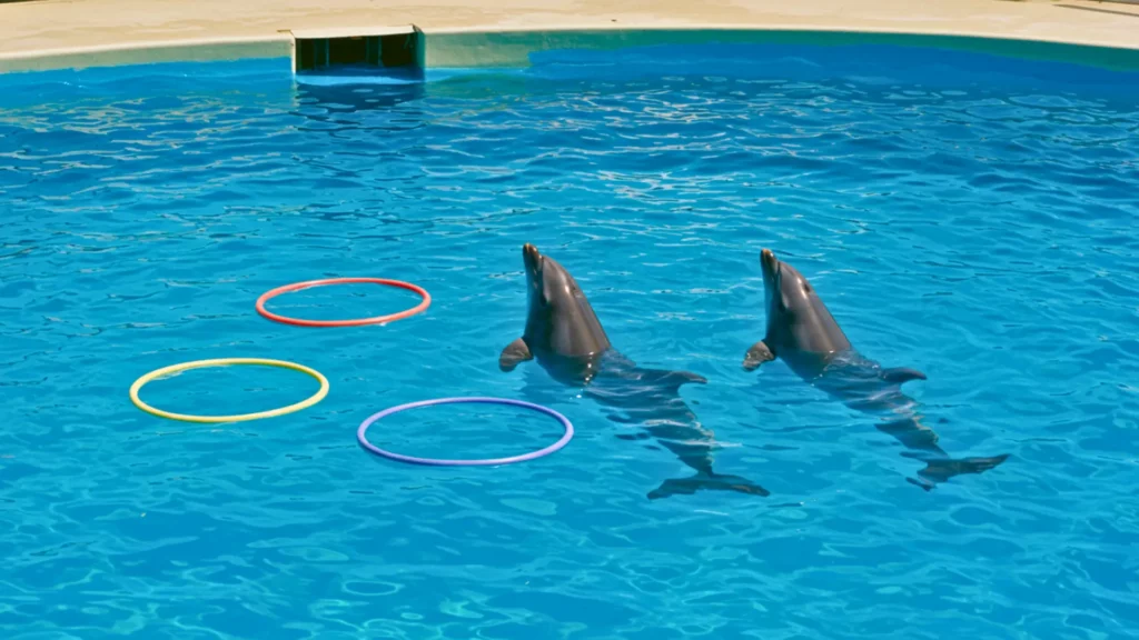 Deux dauphins en captivité dans un bassin de Marineland, avec des cerceaux flottants, après la fermeture du parc en 2025