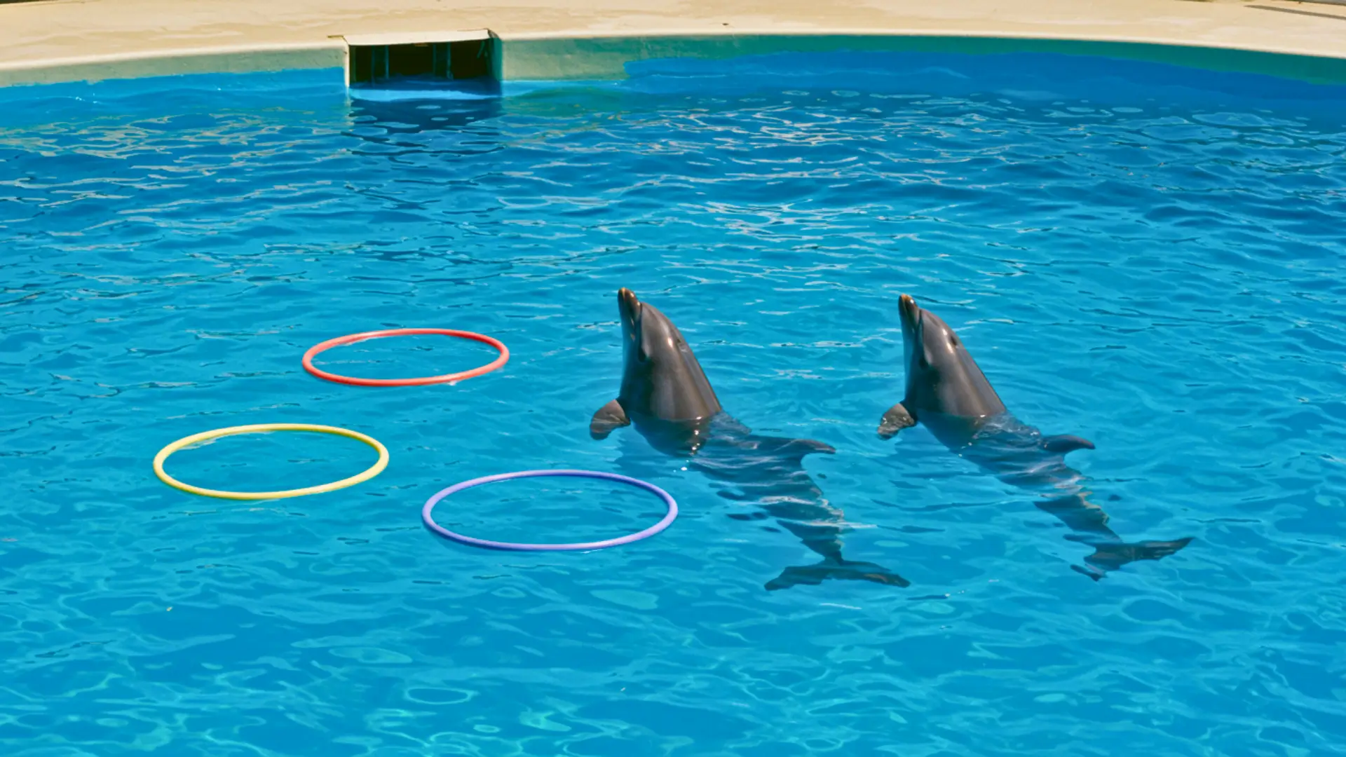 Deux dauphins en captivité dans un bassin de Marineland, avec des cerceaux flottants, après la fermeture du parc en 2025