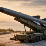 Missile supersonique longue portée monté sur un lanceur terrestre face à une côte au lever du soleil.