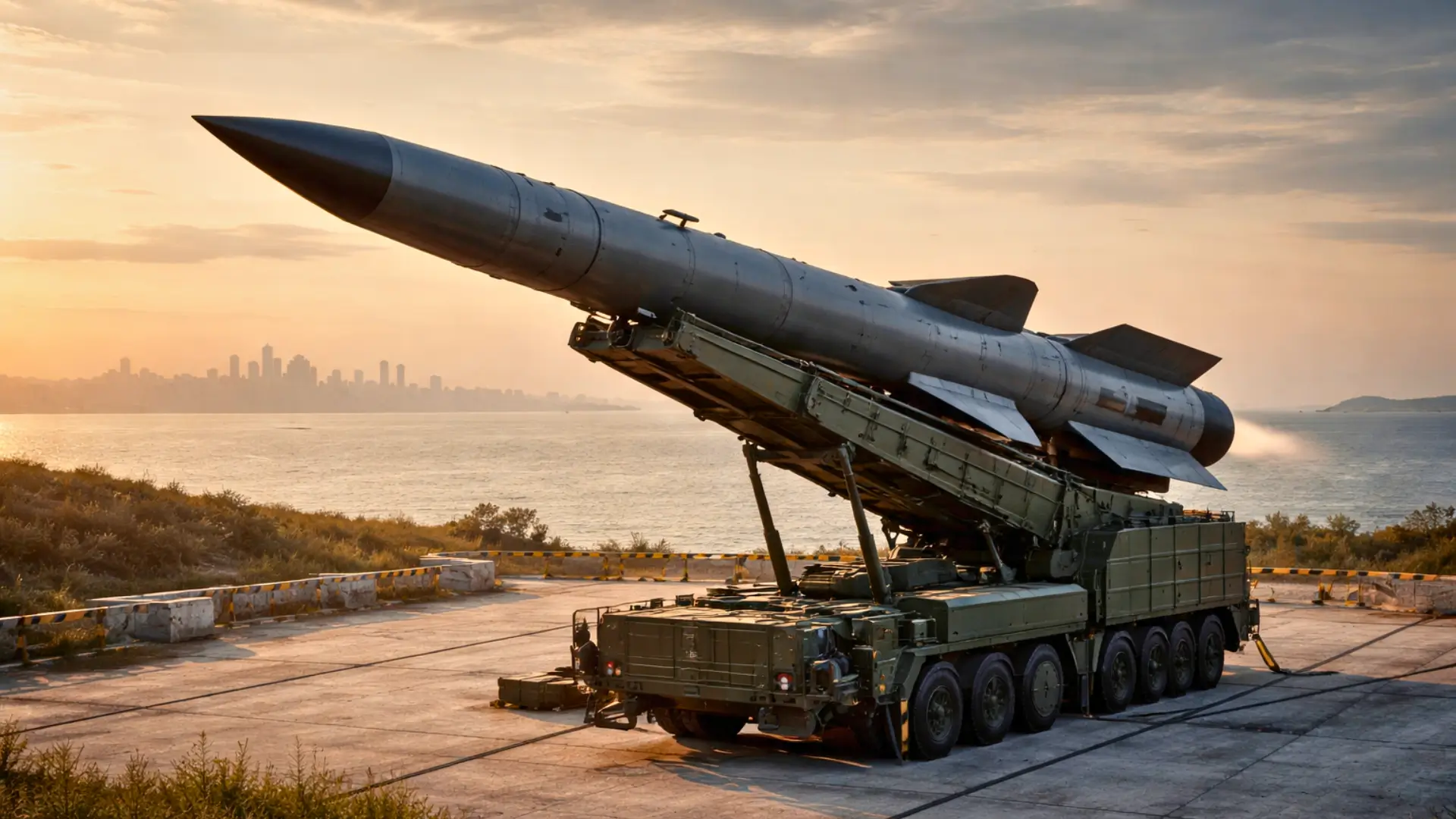 Missile supersonique longue portée monté sur un lanceur terrestre face à une côte au lever du soleil.