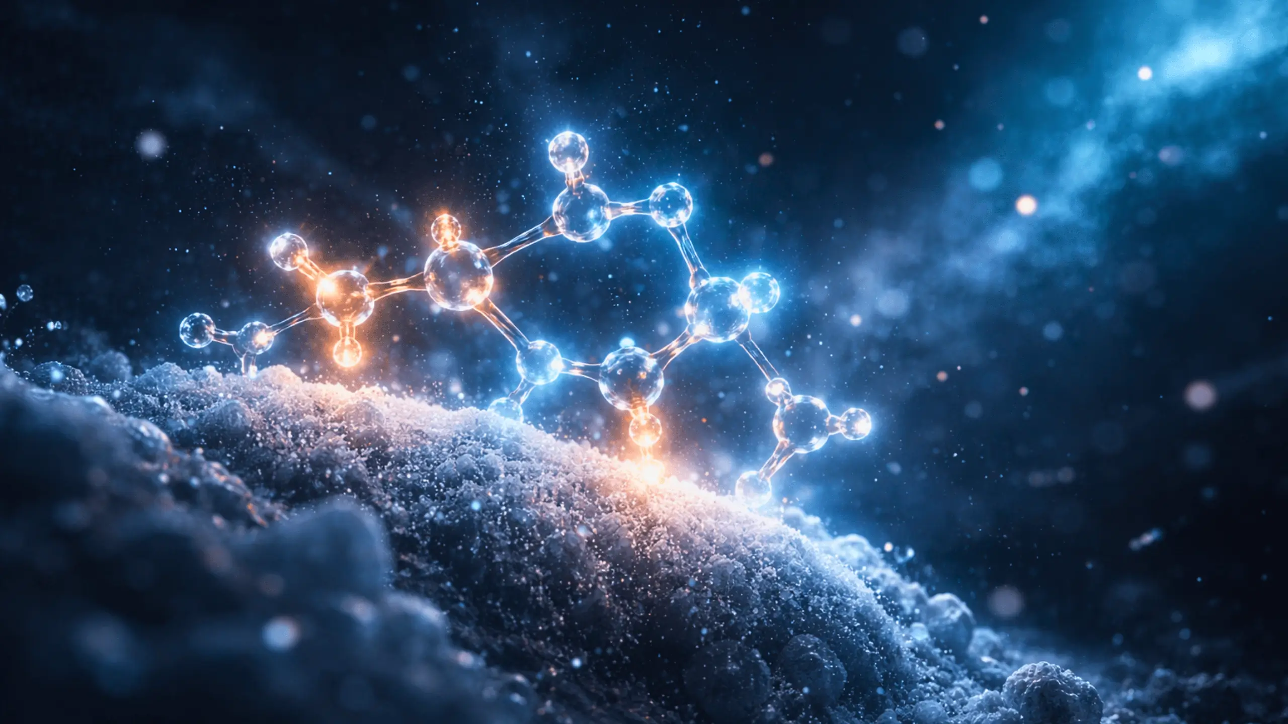 Des molécules organiques lumineuses s’assemblent sur un grain de poussière glacé dans le froid de l’espace interstellaire.