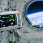 Un moniteur médical flottant en apesanteur dans la Station spatiale internationale affiche les constantes vitales, avec la Terre visible par un hublot en arrière-plan.