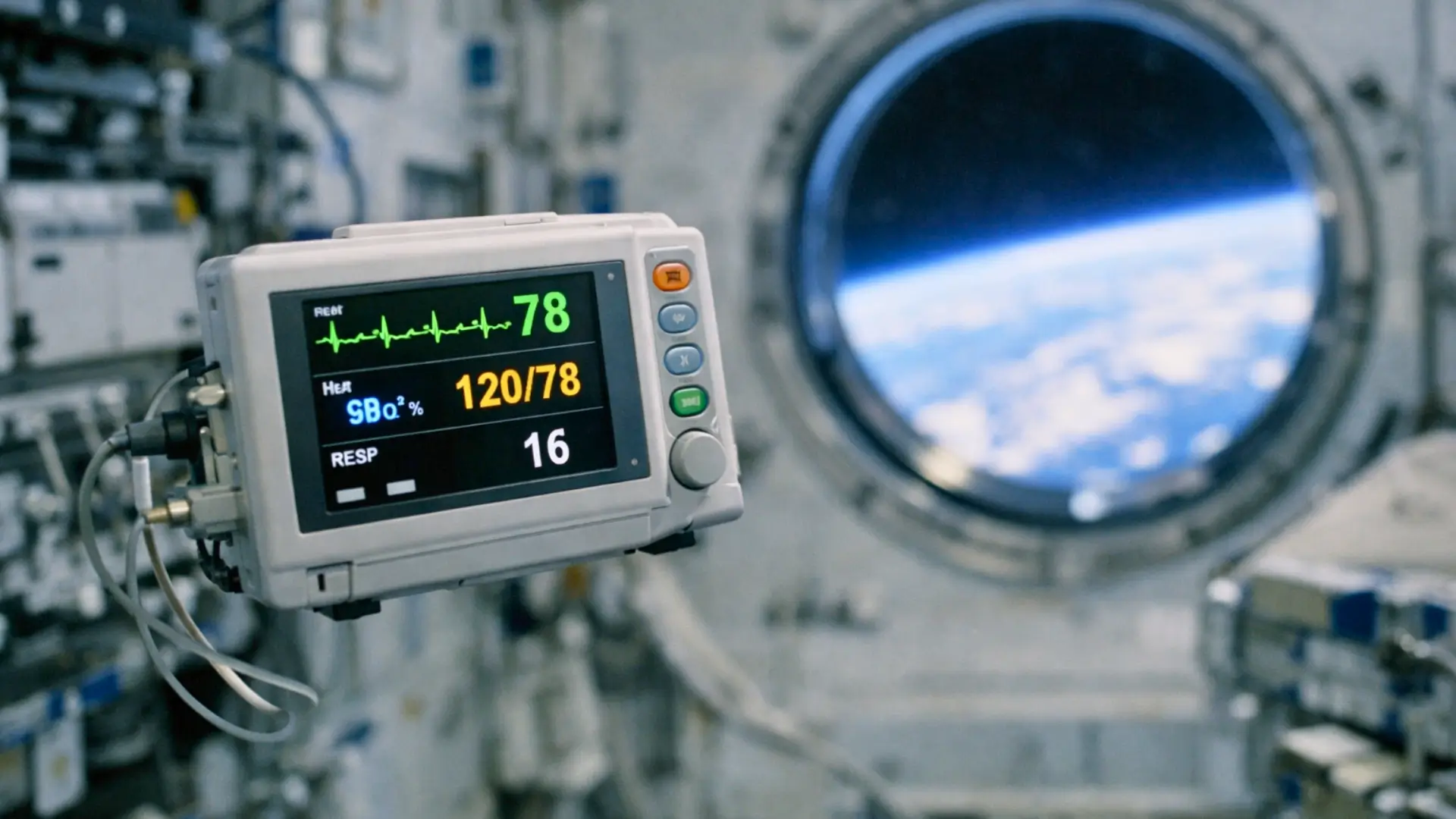Un moniteur médical flottant en apesanteur dans la Station spatiale internationale affiche les constantes vitales, avec la Terre visible par un hublot en arrière-plan.