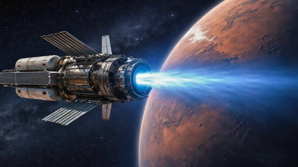 Un vaisseau spatial équipé d’un moteur à plasma nucléaire propulse un faisceau bleu continu en direction de Mars dans l’espace profond.