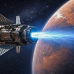 Un vaisseau spatial équipé d’un moteur à plasma nucléaire propulse un faisceau bleu continu en direction de Mars dans l’espace profond.