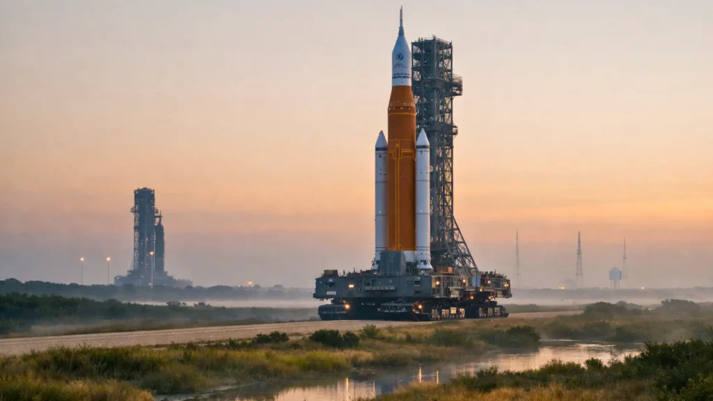 La fusée géante SLS de la NASA est transportée lentement sur un crawler-transporter au lever du jour au Kennedy Space Center, dans un paysage de marais brumeux.