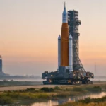 La fusée géante SLS de la NASA est transportée lentement sur un crawler-transporter au lever du jour au Kennedy Space Center, dans un paysage de marais brumeux.