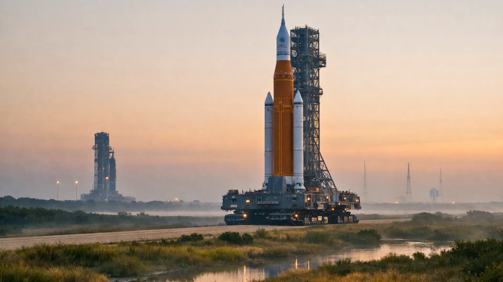 La fusée géante SLS de la NASA est transportée lentement sur un crawler-transporter au lever du jour au Kennedy Space Center, dans un paysage de marais brumeux.