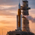 La fusée SLS de la NASA sur son pas de tir en Floride, avec des conduites cryogéniques laissant échapper de la vapeur d’hydrogène au lever du soleil.