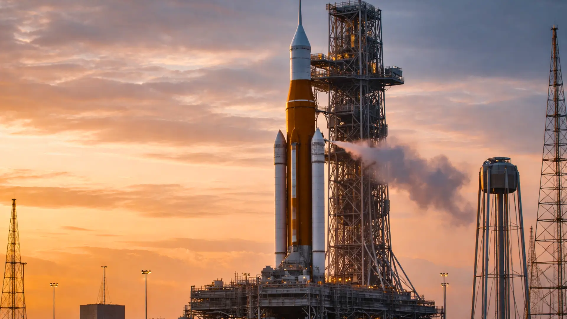La fusée SLS de la NASA sur son pas de tir en Floride, avec des conduites cryogéniques laissant échapper de la vapeur d’hydrogène au lever du soleil.