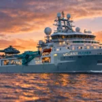 Le navire scientifique OceanXplorer navigue en pleine mer, équipé de technologies de pointe pour l’exploration des fonds océaniques.