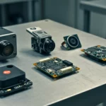 Composants électroniques et modules caméra utilisés pour l’assemblage de drones, disposés sur une table métallique.