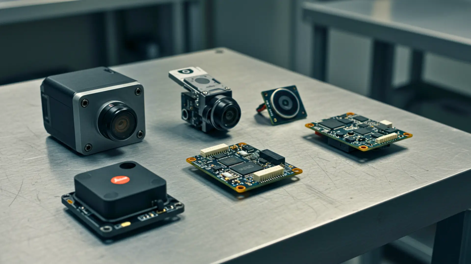 Composants électroniques et modules caméra utilisés pour l’assemblage de drones, disposés sur une table métallique.