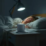 Femme endormie dans une chambre sombre avec un appareil diffusant du bruit rose sur une table de nuit