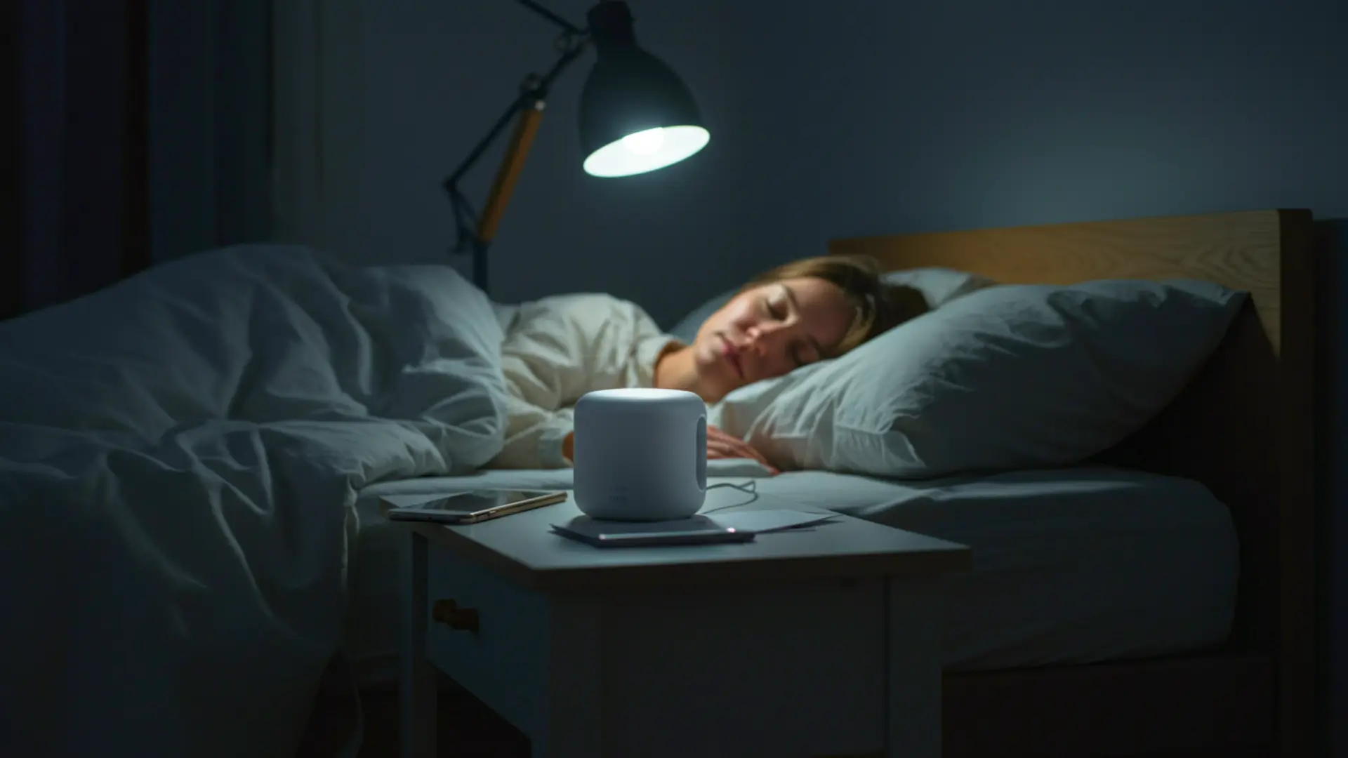Femme endormie dans une chambre sombre avec un appareil diffusant du bruit rose sur une table de nuit