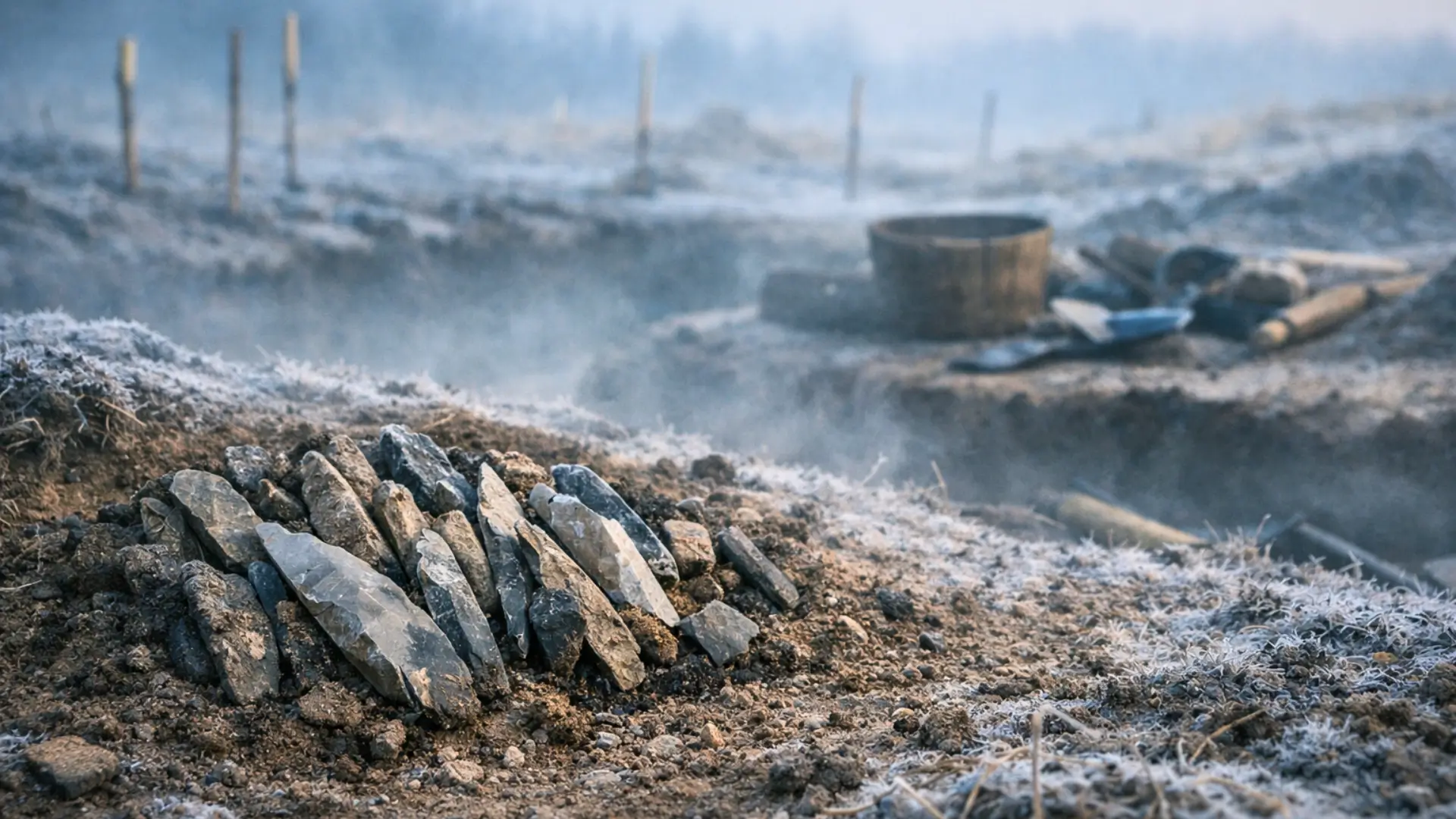Groupe de lames en silex du Paléolithique supérieur retrouvées regroupées dans un sol gelé lors d’une fouille archéologique en Europe centrale.