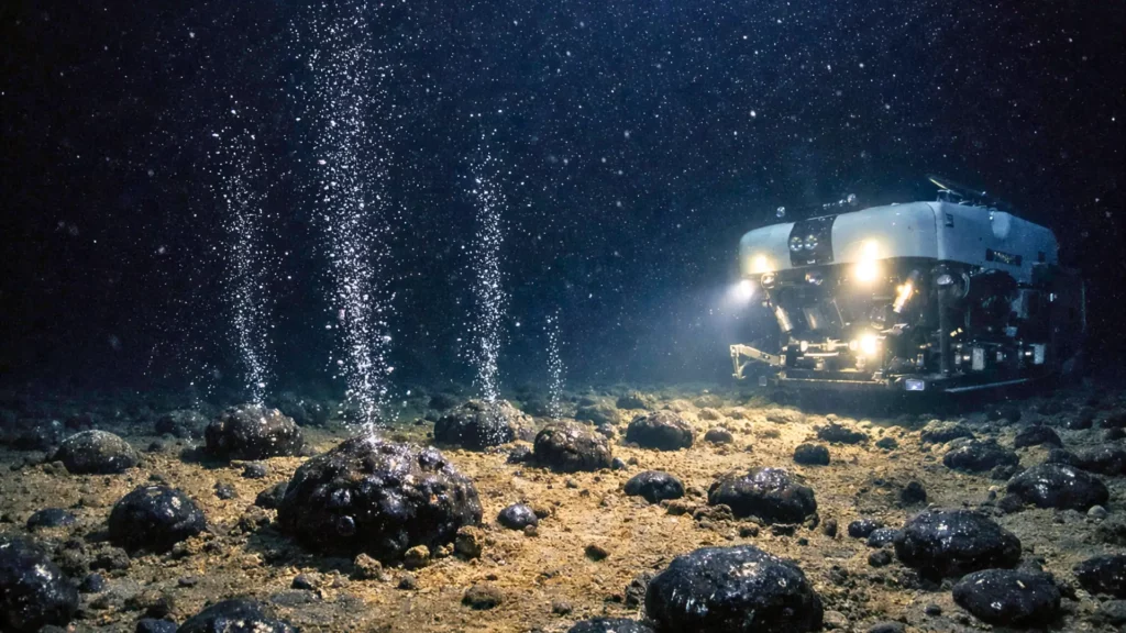 Un robot sous-marin éclaire des nodules polymétalliques au fond du Pacifique, d’où s’échappent de fines bulles d’oxygène à 4 000 mètres de profondeur.