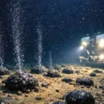 Un robot sous-marin éclaire des nodules polymétalliques au fond du Pacifique, d’où s’échappent de fines bulles d’oxygène à 4 000 mètres de profondeur.