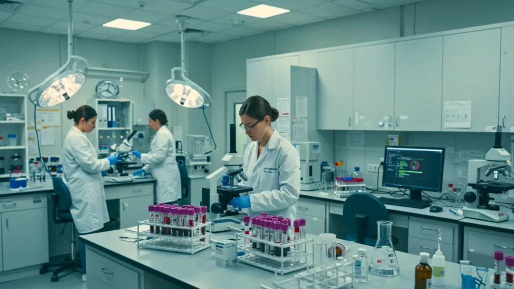 Chercheuses en laboratoire analysant des échantillons sanguins au microscope dans le cadre de recherches virologiques avancées.