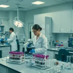Chercheuses en laboratoire analysant des échantillons sanguins au microscope dans le cadre de recherches virologiques avancées.
