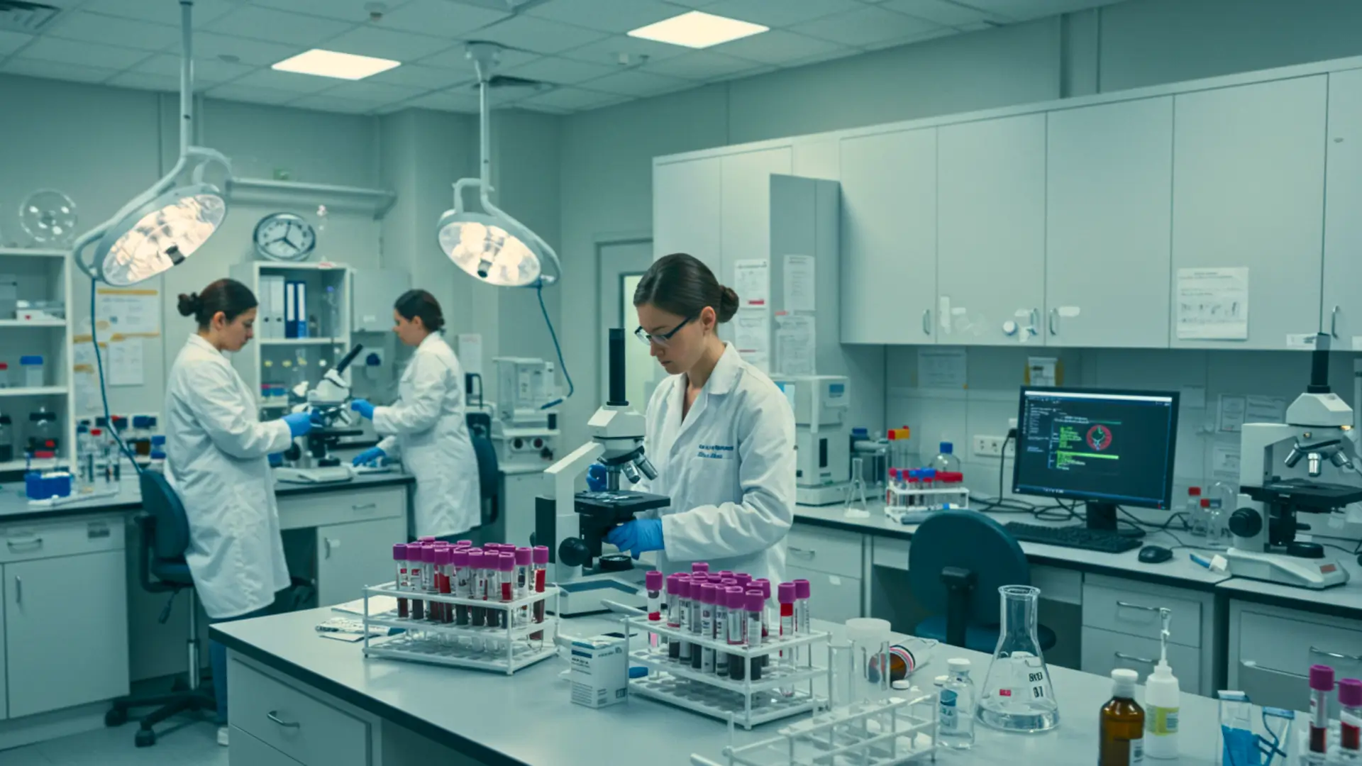 Chercheuses en laboratoire analysant des échantillons sanguins au microscope dans le cadre de recherches virologiques avancées.