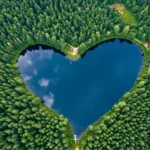 Vue aérienne d’un lac en forme de cœur entouré d’une forêt dense, illustrant un paysage naturel façonné par l’érosion