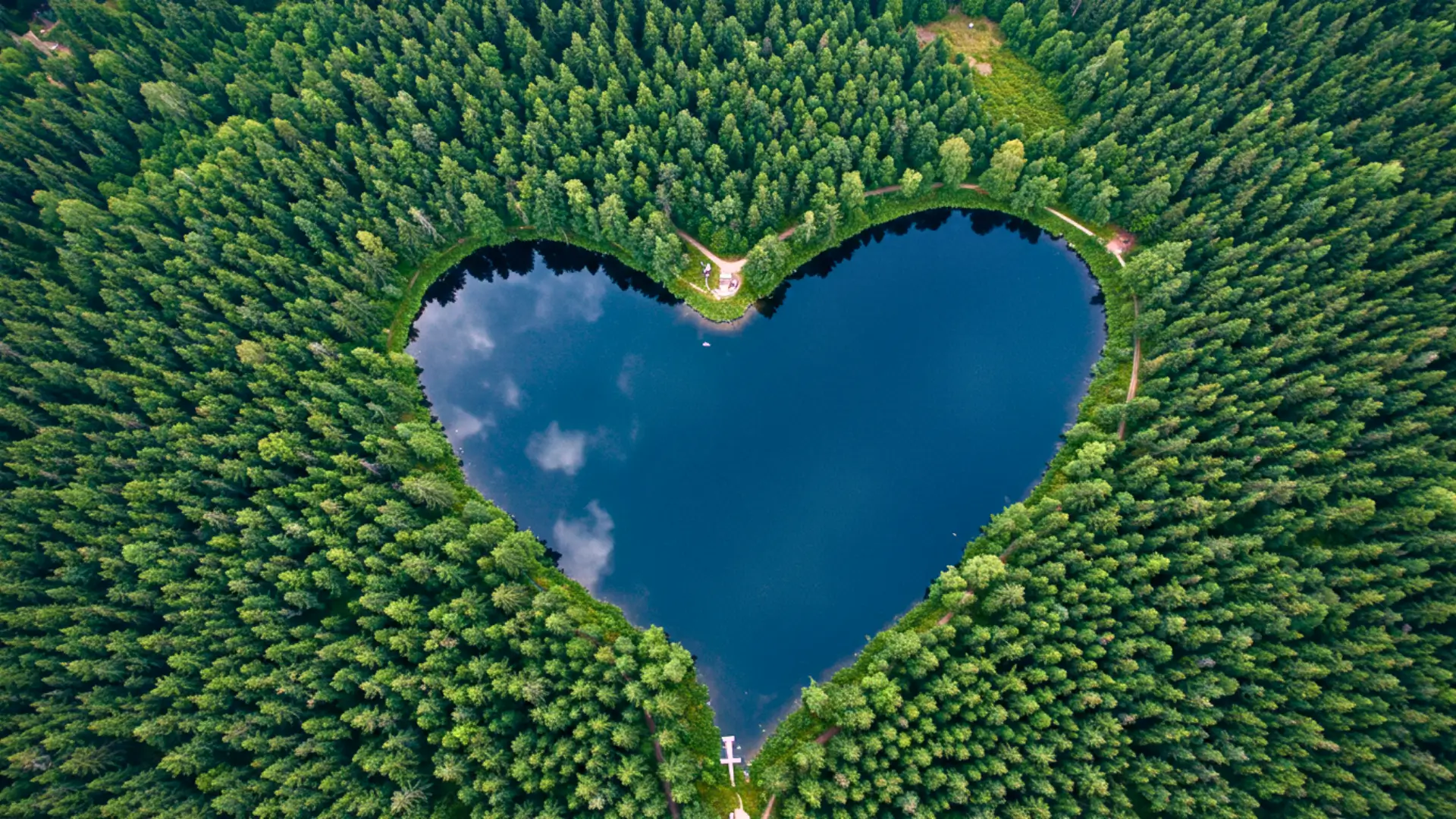 Vue aérienne d’un lac en forme de cœur entouré d’une forêt dense, illustrant un paysage naturel façonné par l’érosion