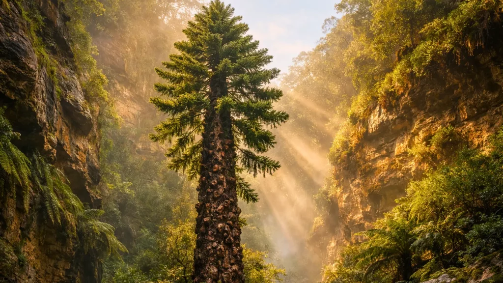 Un pin de Wollemi géant au cœur d’une gorge australienne isolée, éclairé par des rayons de soleil matinaux à travers la brume.