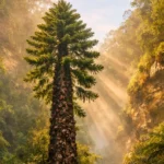 Un pin de Wollemi géant au cœur d’une gorge australienne isolée, éclairé par des rayons de soleil matinaux à travers la brume.