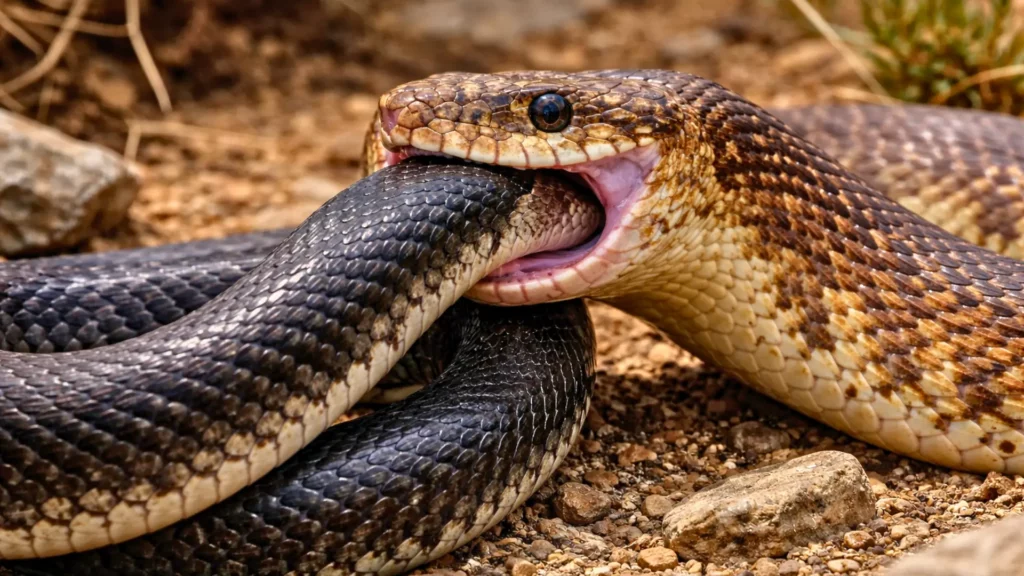 Serpent en train de dévorer un congénère, illustration du cannibalisme chez les serpents observé chez plus de 200 espèces.